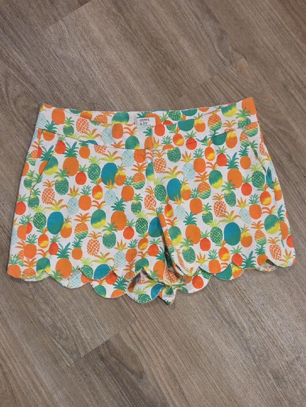 crown & ivy White Scallop Hem Pineapple Print Shorts with Orange, Green and Teal
